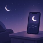 Minimalist calming night scene with a glowing phone and moonlight, representing the best sleeping apps of 2025 including OliSleep.