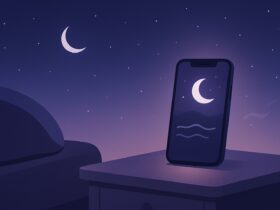 Minimalist calming night scene with a glowing phone and moonlight, representing the best sleeping apps of 2025 including OliSleep.