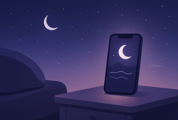 Minimalist calming night scene with a glowing phone and moonlight, representing the best sleeping apps of 2025 including OliSleep.