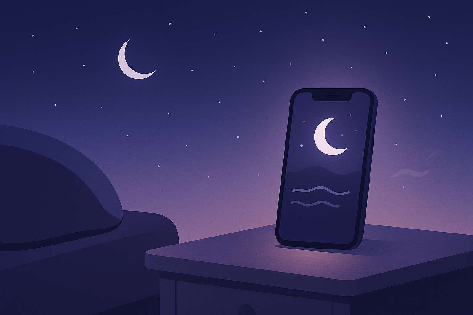 Minimalist calming night scene with a glowing phone and moonlight, representing the best sleeping apps of 2025 including OliSleep.